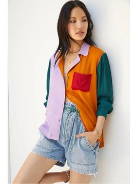 Farm Rio Anthropologie PuffSleeved Buttondown Shirt Lavender Orange Colorblock A